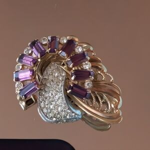 Antique Vintage Gold Purple Clear Gemstone Brooch Pendant